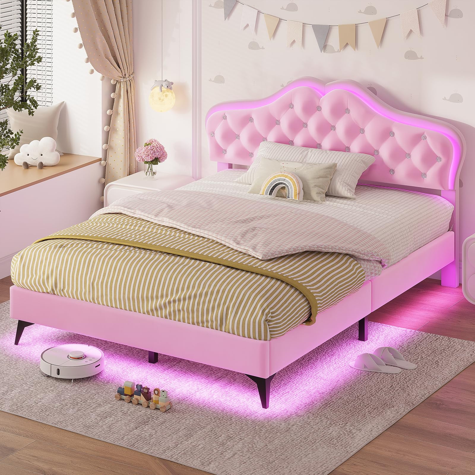 Afuhokles Twin Size Bed Frame with LED Lights, Upholstered Platform Bed, Pink