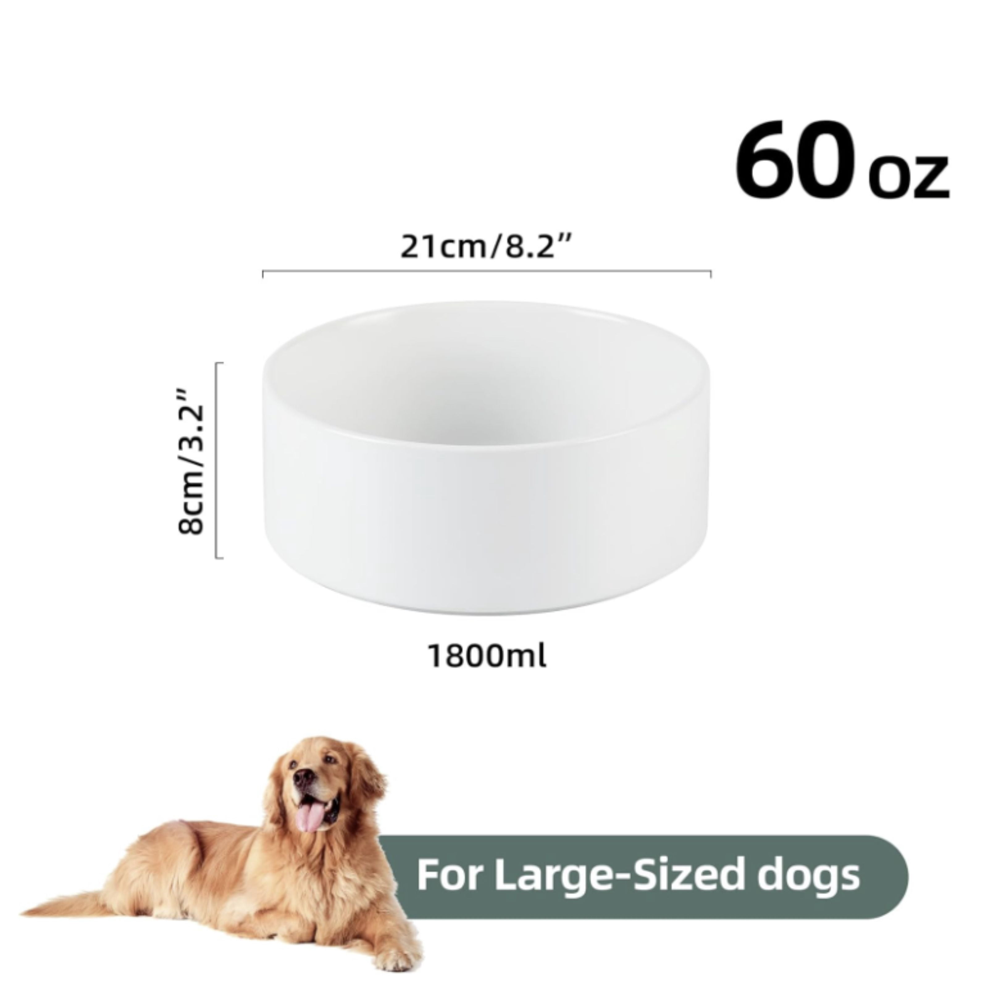 Ceramic Dog Bowl for Large Breeds –60oz - 8.2″ Wide, Non-Slip Food