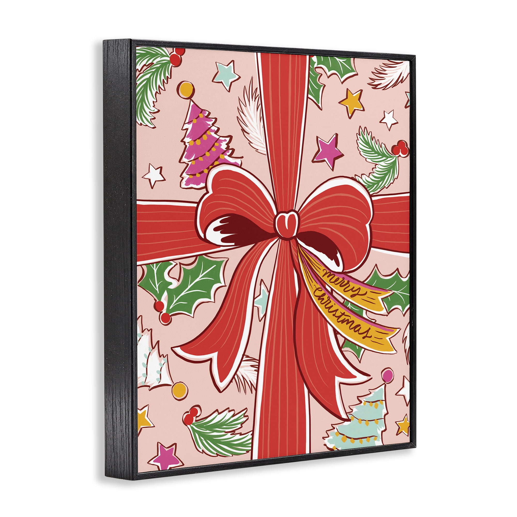 Stupell Industries Christmas Bow and Trees Holiday Painting Black Framed Art Prints Wall Art, 11 x 14