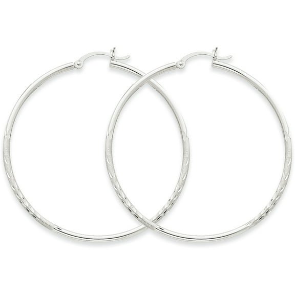 Finest Gold 14K White Gold Satin & Diamond-Cut 2 mm Round Hoop Earrings