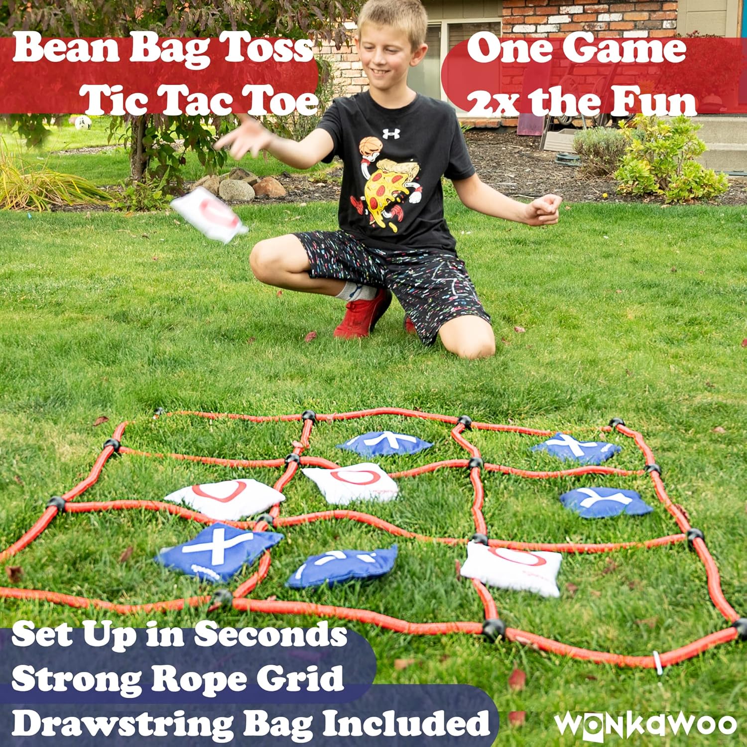 WonkaWoo Giant Tic Tac Toe Bean Bag Toss Game Playset, Large 3 ft x 3 ft Tic Tac Toe Rope Grid, Outdoors Lawn Yard Game for Family and Kids