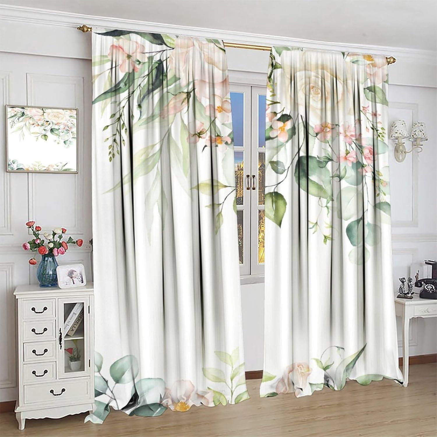 Floral Leaves Curtains Colorful Flower Watercolor Leaves Nature Rustic Pattern Blackout Print Rod Pocket Window Drapes for Bedroom Living Room 52x84in