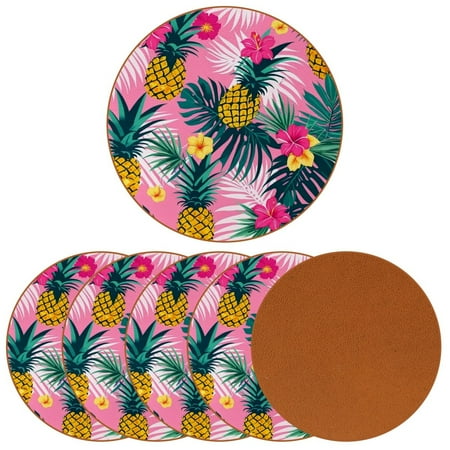 

YZUOUZY Coasters Table Decor 6 Pieces Round Microfiber Leather Bar Coasters Hibiscus Tropical Leaf Plants