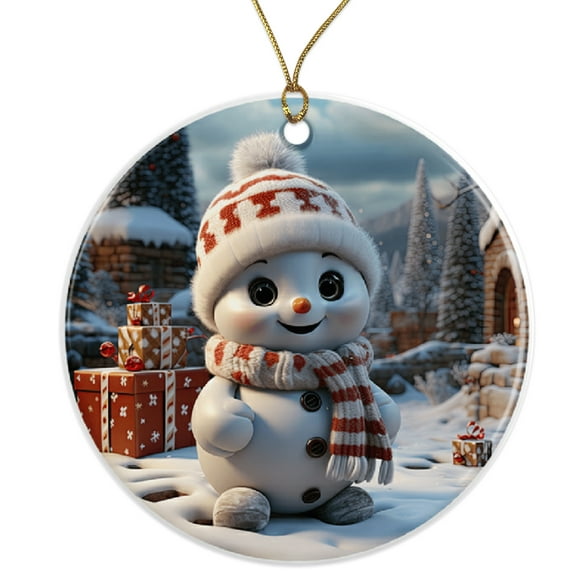 Cute Snowman Ornament - Christmas Tree Decoration - Winter Holiday Décor - Snowman with Gift - Festive Christmas Ornament - Holiday Decorations Ceramic Ornament ORNW0234