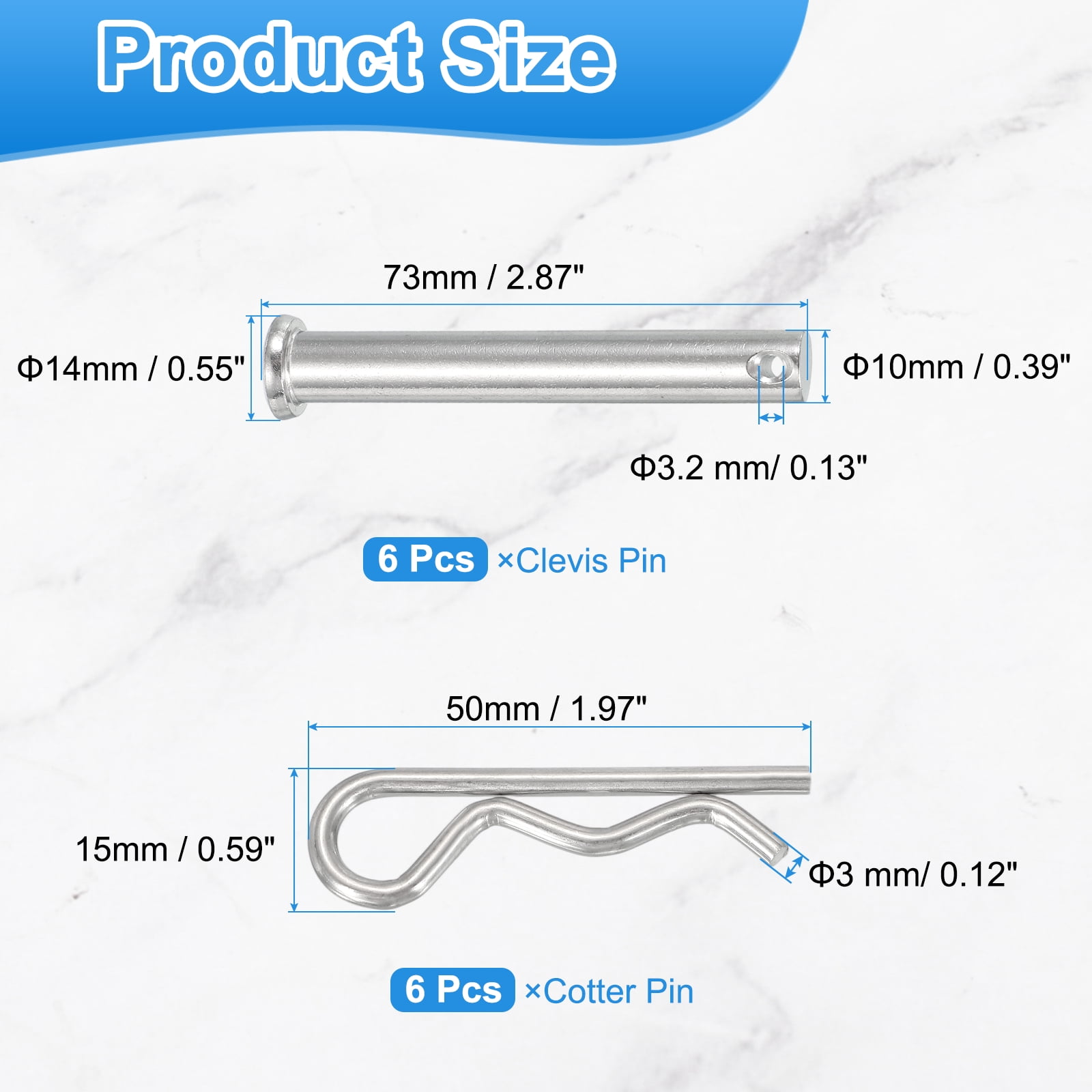 Uxcell 6 Pcs Clevis Pin with R Shaped Spring Cotter M10x70mm Single Hole Clevis Pin with R - Clip Fits for Automotive