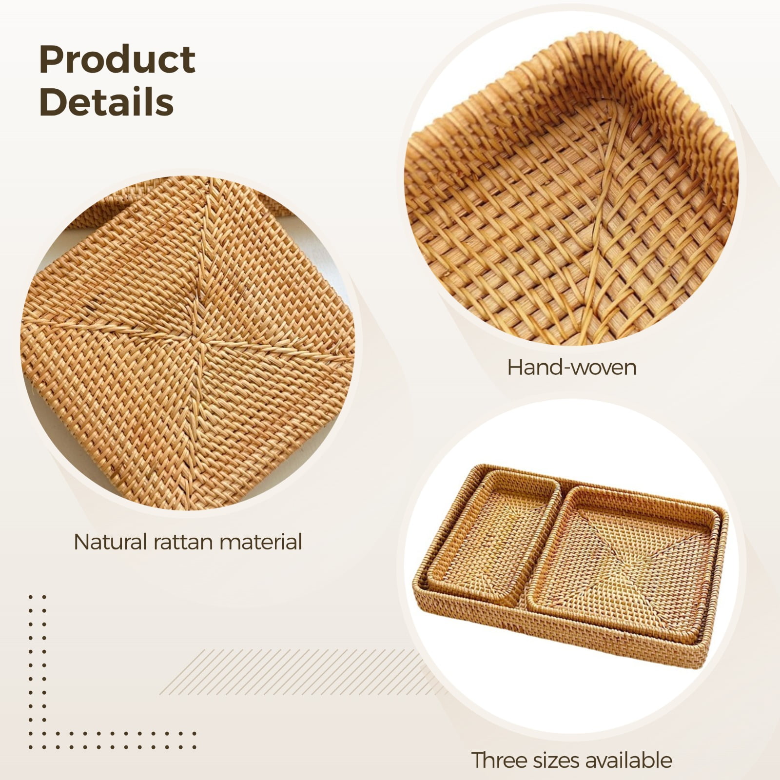 3PCS Storage Organizer Baskets Wicker, Rattan Storage Basket, Rattan Serving Tray, Multi-Use Rectangular Rattan Baskets for Storage, Handmade