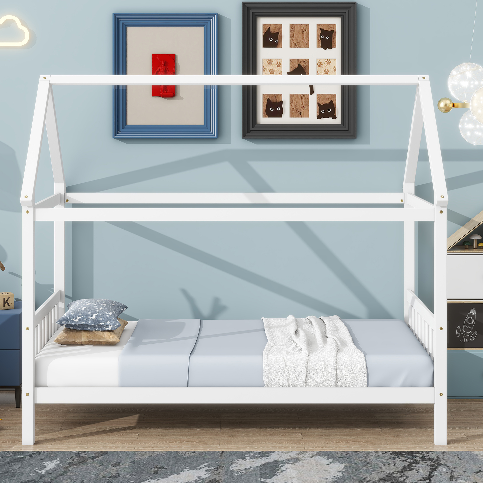 Miniyam Wood Twin Size Bed with House-shaped Design for Kids and Teens, White