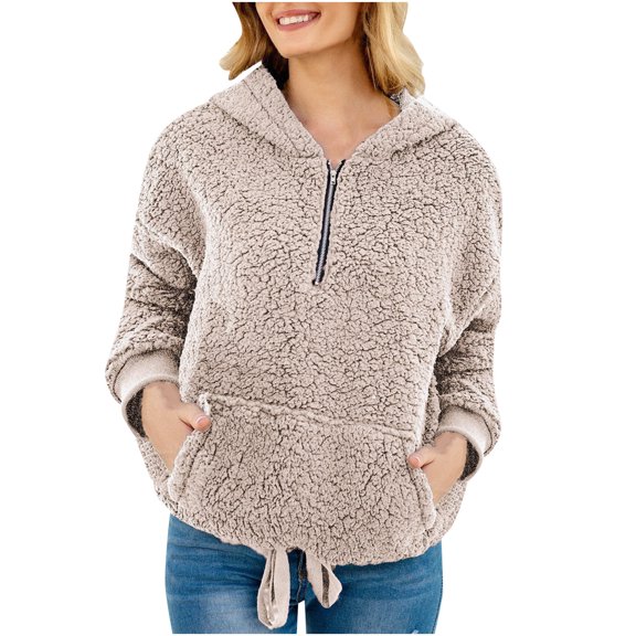 Fesfesfes Women Hooded Flannel Zipper Lace Long Sleeve Casual Sweatshirt Pullover Top Coat Under $10