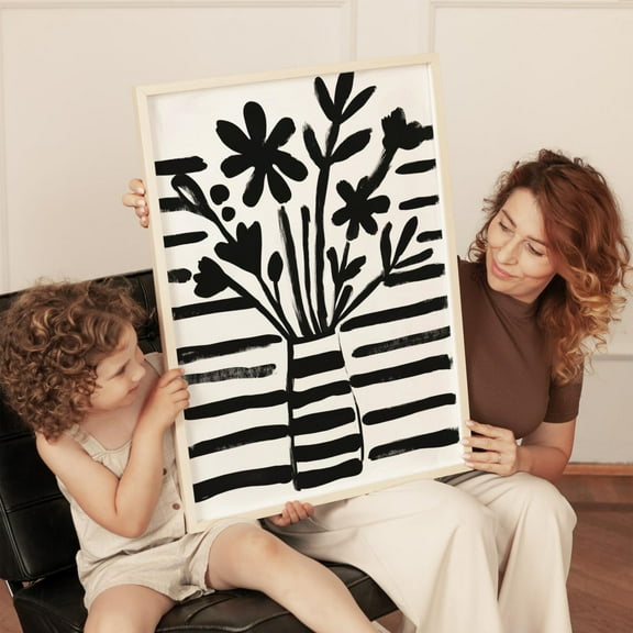 Bold Black And White Floral Wall Art Minimalist Striped Vase Print Contemporary Botanical Artwork For Modern Living Room Decor Or Office Wall Art, Modern Wall Decor, 8x12 UNFRAMED