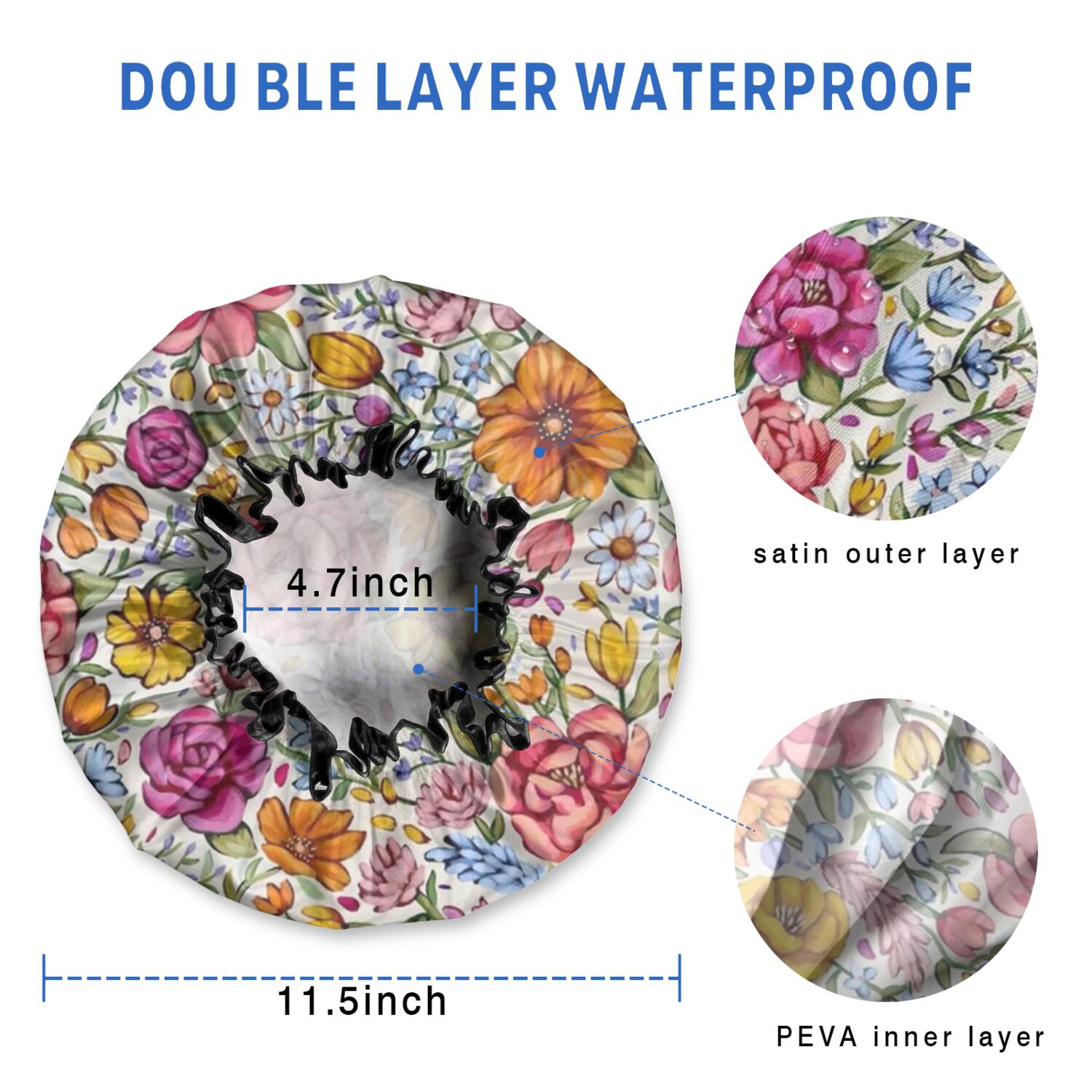 Shower Caps,Pioneer Flower Floral Print Pattern Waterproof Shower Cap for Women 4 Pieces,Double Reusable Hair Cover for Shower PEVA Elastic Stretch Hem