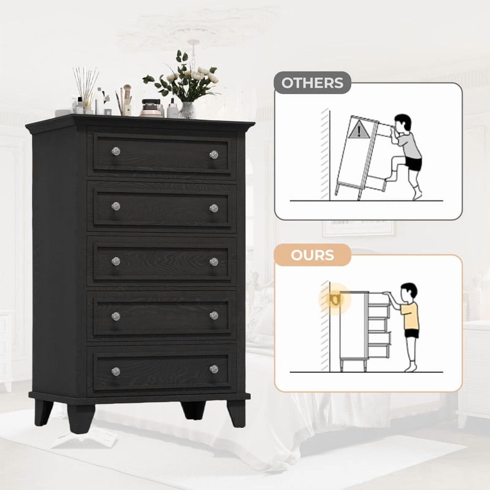 TROPOW 5 Drawer Dresser for Bedroom, 48" Tall Wood Dresser & Chests of Drawers with Deep Drawers, Modern Chest Organizer with Metal Handles for Living Room, Hallway, Entryway
