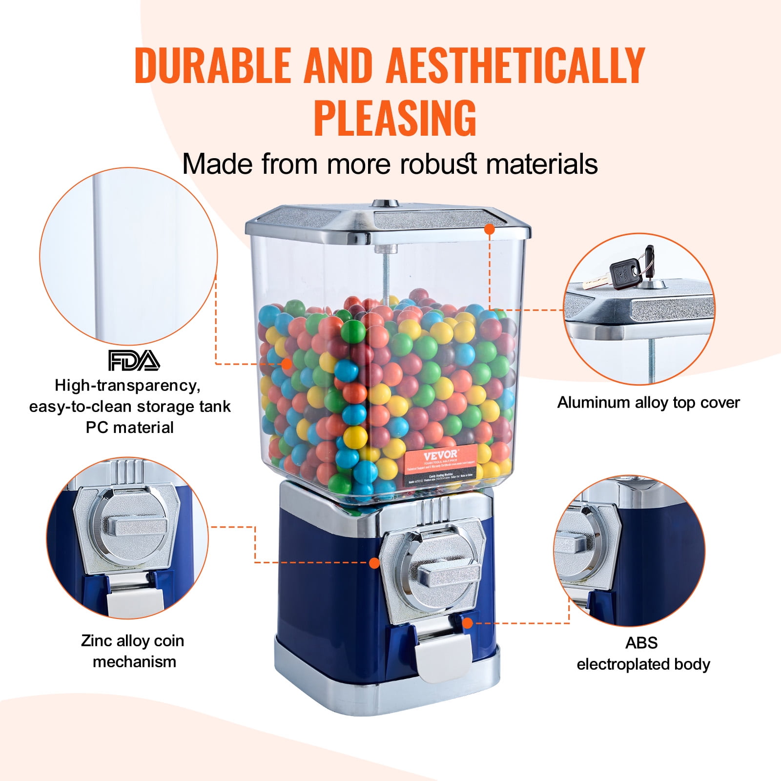 KFFKFF 17"H Gumball Machine Vending Coin Bank - Vintage Candy Dispenser in PC Blue