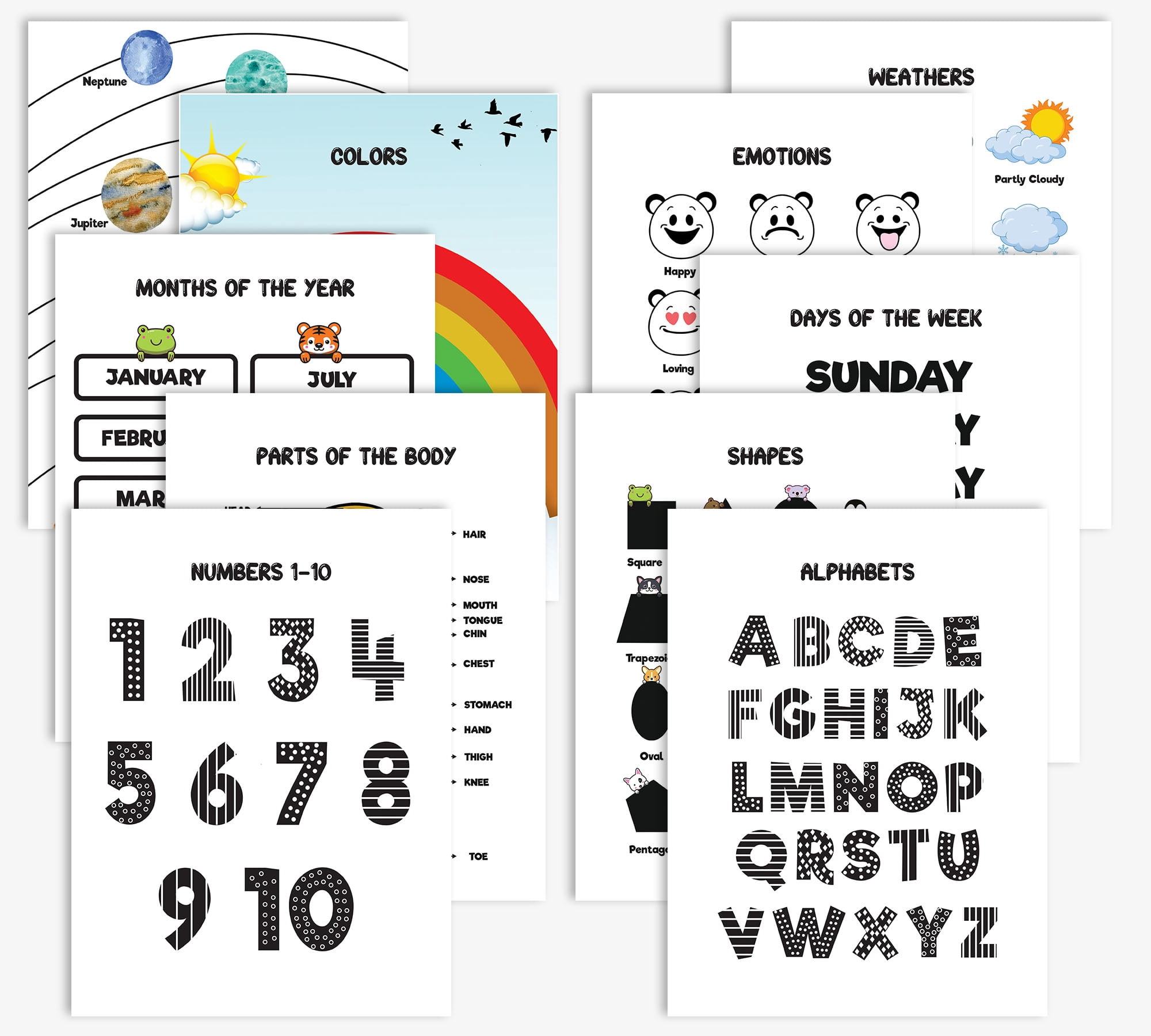 Traceease 10 Educational Posters for Classroom Decor & Kindergarten Homeschool Supplies Baby, Laminated Preschool Learning Chart Materials - Alphabet, Number 1-10, Part Of The Body, Seasons