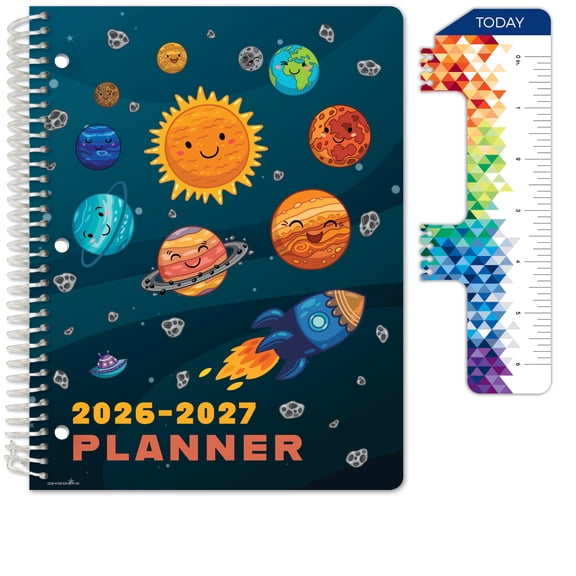 Global Datebooks Elementary Student Planner AY 2026-2027 - Block Style - 8.5"x11" (Space Happy Planets)