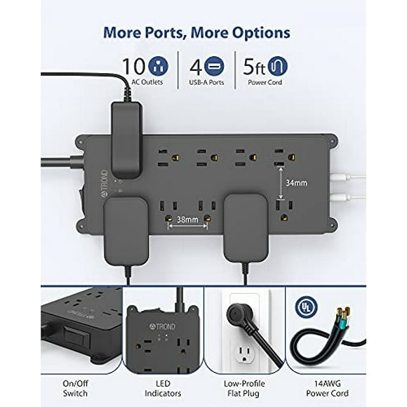 TROND Power Strip Surge Protector con USB, 10 Tomacorrientes Ampliamen