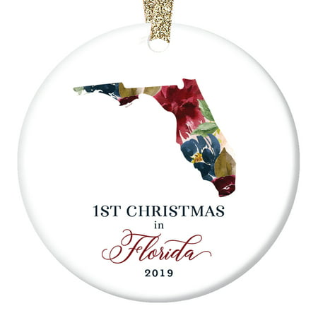 Christmas 2019 Ceramic Ornament 1st First Holiday Season in FLORIDA United States Family Friend Present Beautiful Flower Blooms 3