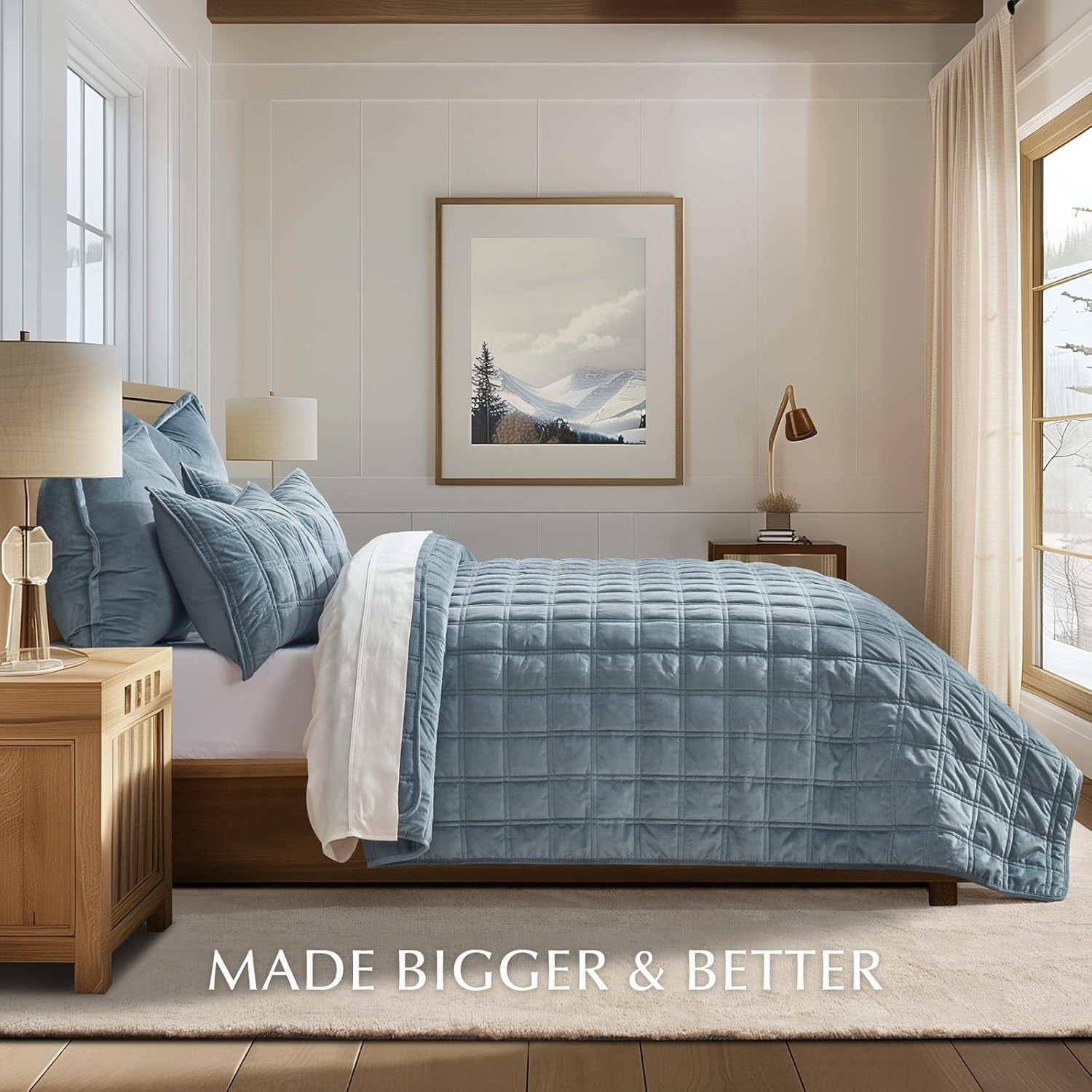 EVERGRACE 3 Pieces Luxurious Velvet Quilt King Size, Ultra Soft Bedspread Coverlet Set, Double Box Stitch Lightweight Velvet Comforter for All Season with 2 Shams, Blue Linen, 108''x96''