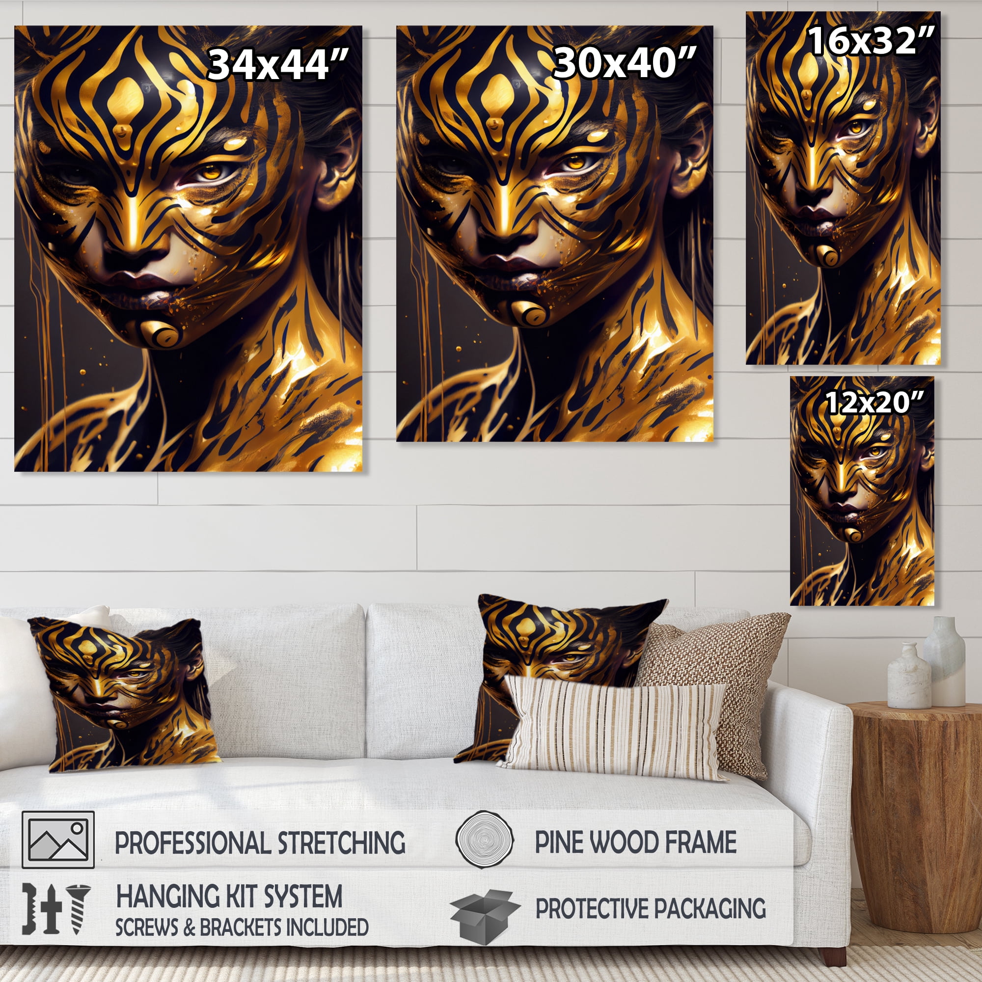 Designart Black And Gold Tiger Woman I Canvas Wall Art