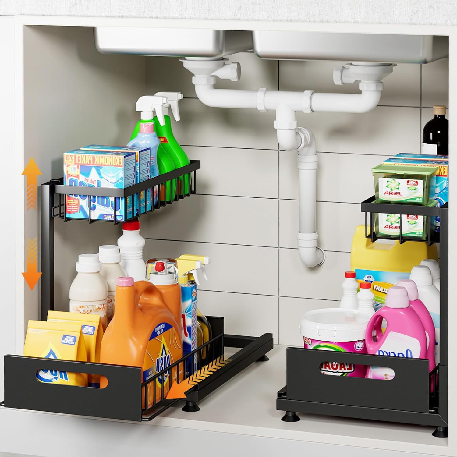 2 Pack Under Sink Organizer Storage 2-Tier Premium Metal Pull-Out Racks, Height Adjustable, Easy Installation | Kitchen & Bathroom Organizers White