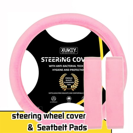 Pink Steering Wheel Cover Fuzzy Plush + 2 Seat Belt Cover Shoulder Pads Soft Warm For Girl Women 15 Inch