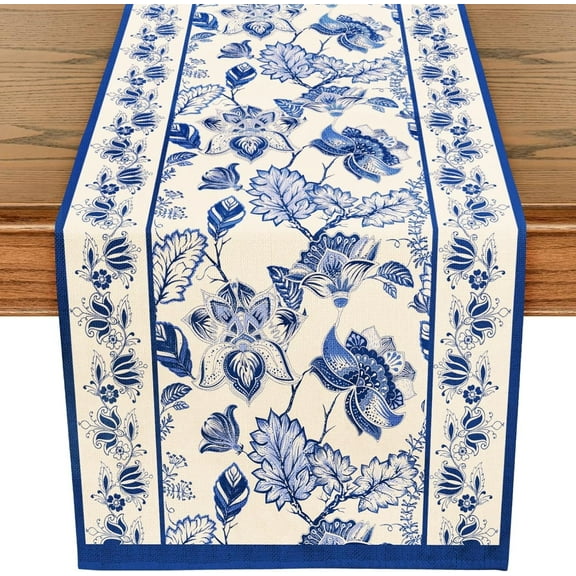 Blue and White Porcelain Table Runner Seasonal Spring Summer Farmhouse Indoor Kitchen Anniversary Wedding Dining Table Decorations for Home Party
