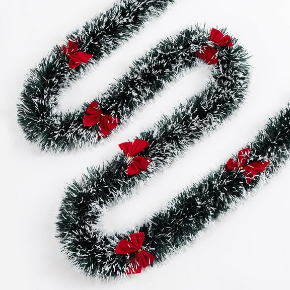 2 Pack 6 Ft Christmas Tinsel Garland, Dark Green Frost Tip Metallic Garland with 6 Red Bows, Artificial Xmas Garland for Home Indoor Outdoor Christmas Tree Decoration, Holiday Wedding Party Supplies