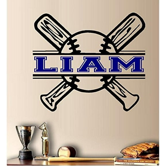 Baseball and Bat, CUSTOM NAME Wall or Window Decal (Black and Blue) 16" x 20"