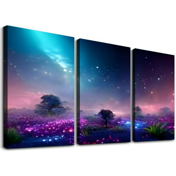SHANXI Purple Magical Wall Art Bedroom Wall Room, Canvas Wall Art Office Farmhouse Paintings Artwork Modern Blue Starry Sky Fantastic Wall Art Prints Pictures 12"x16"x3pcs