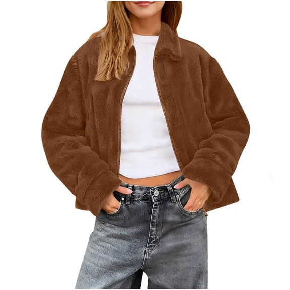 Kukoosong Women's Sherpa Jacket, Fashion Cropped Casual Fleece Jacket, Long Sleeve Zipper Turn Down Collar Winter Warm Coat with Pockets