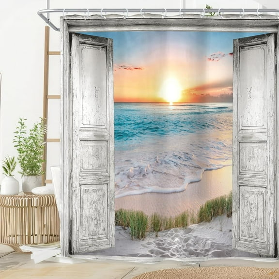 Ocean Beach Grey Barn Door Shower Curtain for Bathroom Decor 72Wx72H Hawaiian Sunset Scenery Sea Wave Retro Wood Rustic Nature Art Printed Fabric Polyester Waterproof 12 Pack Plastic Hooks