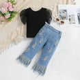 thumbnail image 2 of Odeerbi Toddler Girls 2 Piece Outfits Cotton Puff Sleeve Tops Ripped Jeans Set Summer Clothes Fashion Casual Short Sleeve Blouse Round Neck Solid Color Long Pants Sets Black, 2 of 9