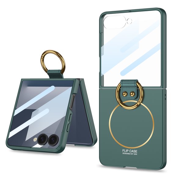 Allytechgroup Case for Samsung Galaxy Z Flip 7 with Magnetic Ring Kickstand, Tempered Glass Back Lightweight Non-Slip Shockproof Cover, Wireless Charging Support for Galaxy Z Flip 7, Darkgreen