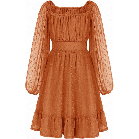 Aideaone Girls Long Sleeve Chiffon Dresses Square Neck Swiss Dot A-Line Ruffle Hem Casual fall winter Dress 7-14 Years