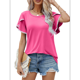 thumbnail image 2 of Blusas Verano para Mujer con Mangas Pétalos, Camisetas Encaje Crochet con Cuello Redondo, Camisetas Casuales Holgadas Color Sólido, Camisetas Básicas Tipo Túnica. Rosa Roja S, 2 of 10