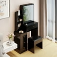 thumbnail image 4 of Vanity Desk with Extra Large Sliding Mirror, Modern Wood Makeup Table Dressing Table with Upholstered Stool, Drawer and Open Shelf, 4 of 7
