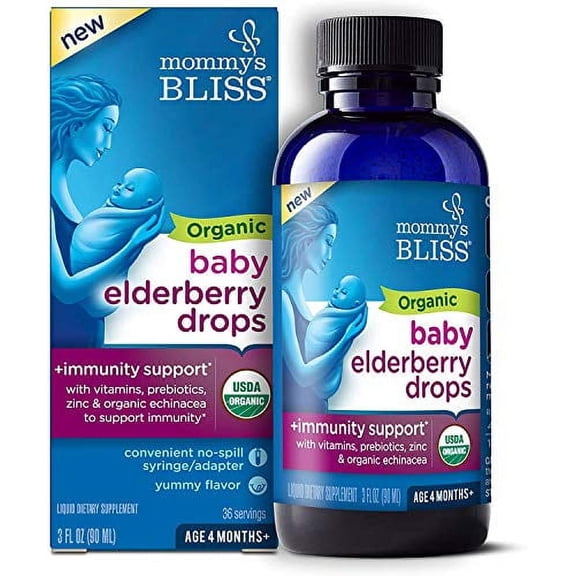 Mommy's Bliss Organic Baby Elderberry Drops, Immnity Support with Vitamins, Prebiotics, Zinc & Organic Echinacea, Age 4 Months  , 3 Fl Oz (36 Servings)