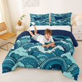 thumbnail image 3 of Manfei Cartoon Manta Ray King Size Comforter Sets, Anime Ocean Wave Comforters King Size, Teal Blue, Blue Reversible, 3pcs, 1 Comforter and 2 Pillowcases, 3 of 7