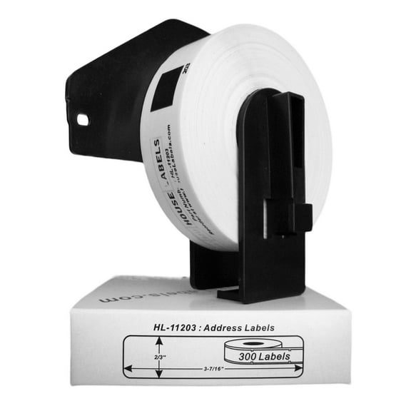 HOUSELABELS Compatible with DK-1203 Replacement Roll for Brother QL Label Printers; 300 Address Labels; 2/3" x 3-7/16" (17mm*87mm) with 1 REUSABLE CARTRIDGE - 4 Rolls