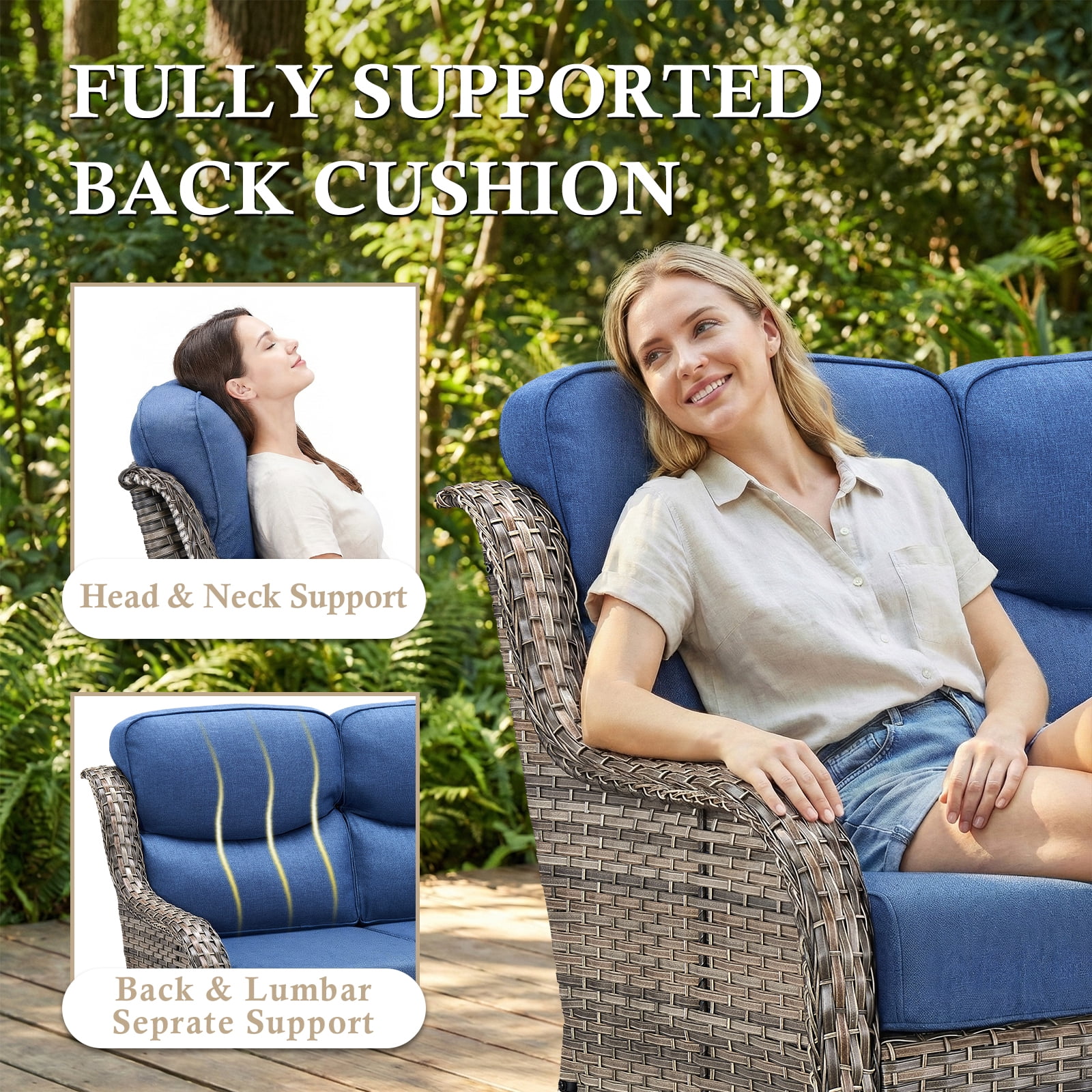 POCASSY 4-Piece Outdoor Patio Furniture Set with Swivel Chairs, Luxury High Back Rattan Wicker Outdoor Conversation Set with 5-inch Thick Seat Cushion Sofa and Swivel Glider Patio Chair for Porch