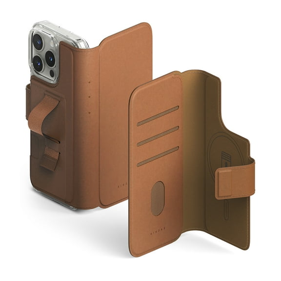 Ringke Folio Grip Wallet Magnetic [3 Card Storage] for iPhone 16 Pro / 16 Cover, PU Leather Kickstand Card Wallet Compatible with MagSafe - Brown