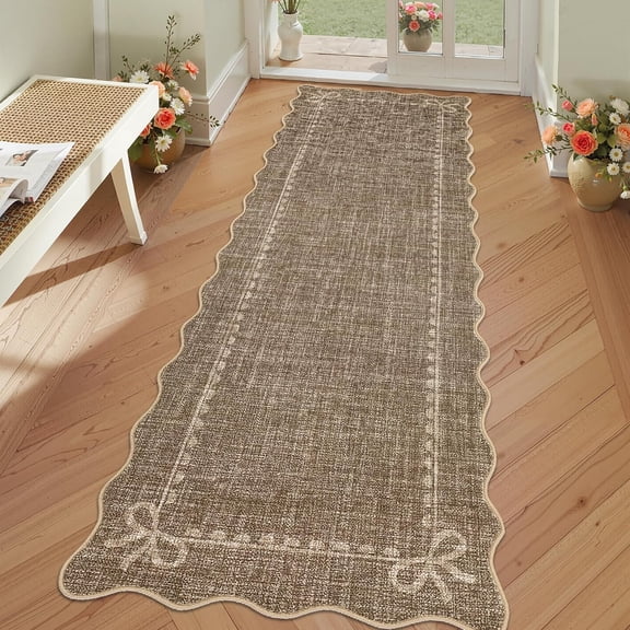 2x6 Scalloped Dot Bow Runner Rug, Non Slip Washable Ultra Thin Low Pile Hallway Kitchen Carpet,brown