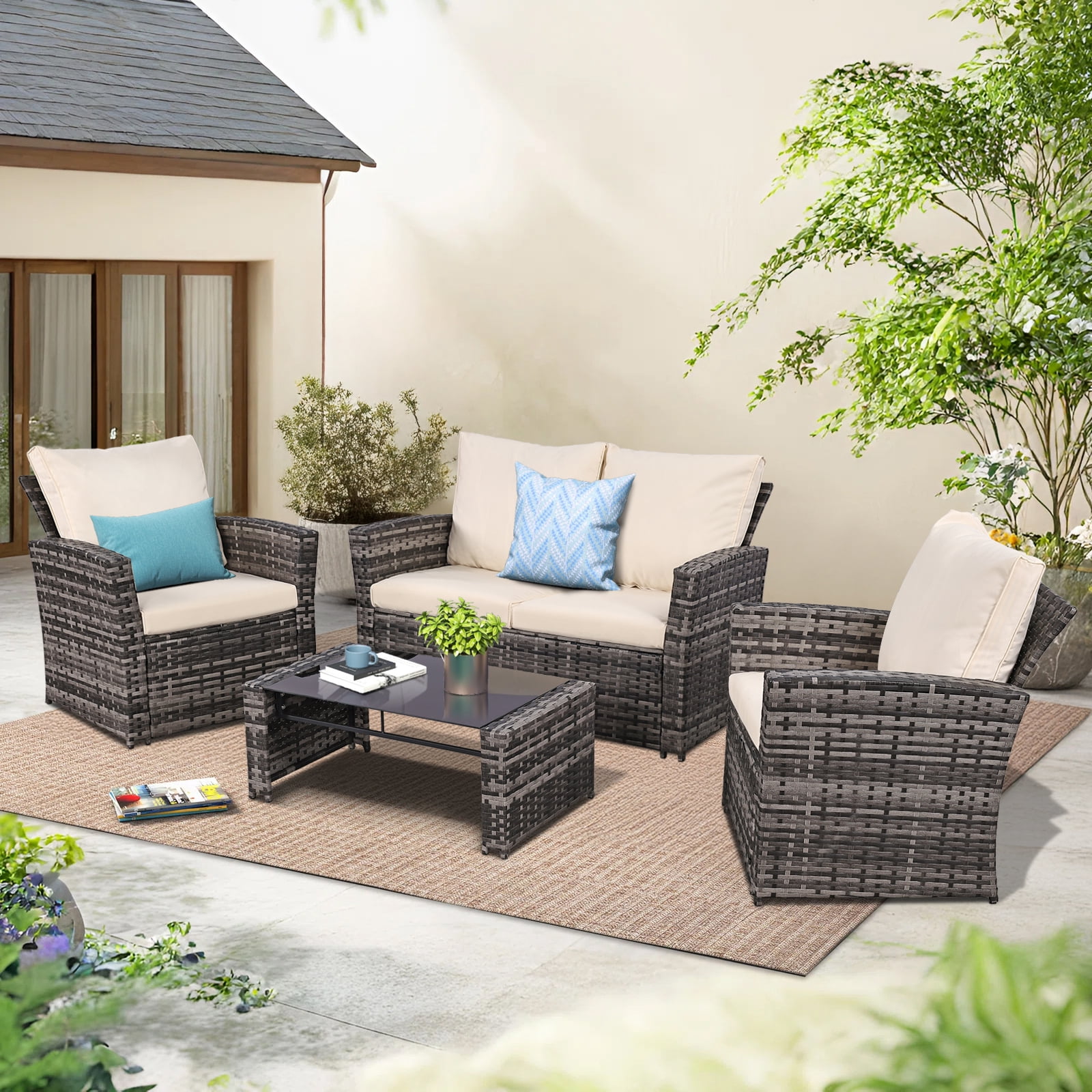 4 Piece Outdoor Patio Furniture Set,Wicker Conversation Sets Outdoor Sectional Patio Sofa Couch with Cushions & Coffee Table for Outside, Garden, Balcony, Porch,Gray/Beige