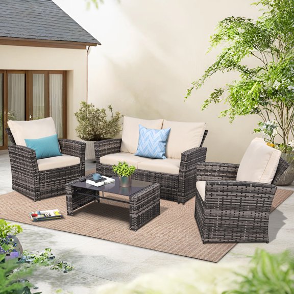 4 Piece Outdoor Patio Furniture Set,Wicker Conversation Sets Outdoor Sectional Patio Sofa Couch with Cushions & Coffee Table for Outside, Garden, Balcony, Porch,(Grey/Beige)