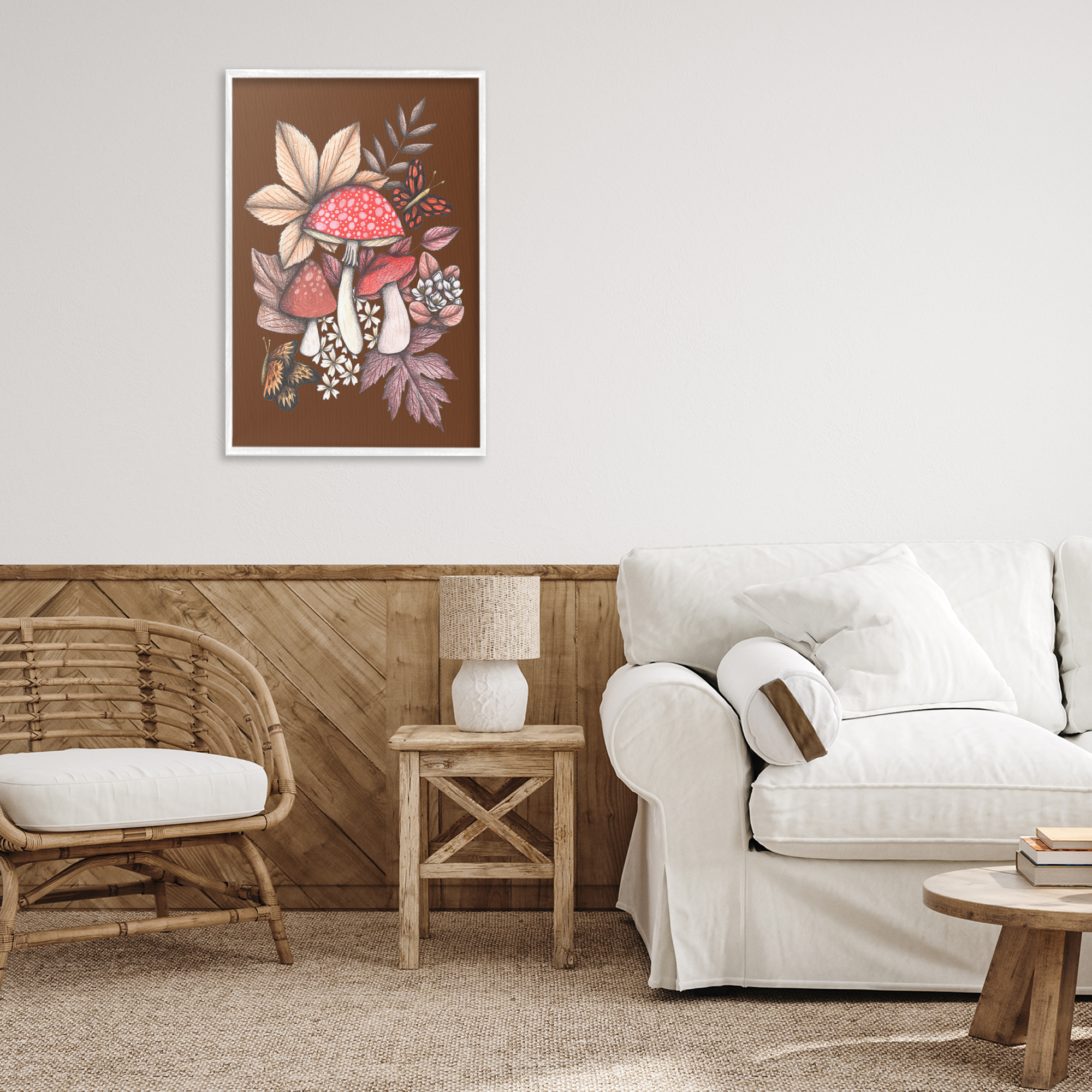 Autumnal Mushrooms Magic White Framed Giclee Art, design by Cecilia Battaini