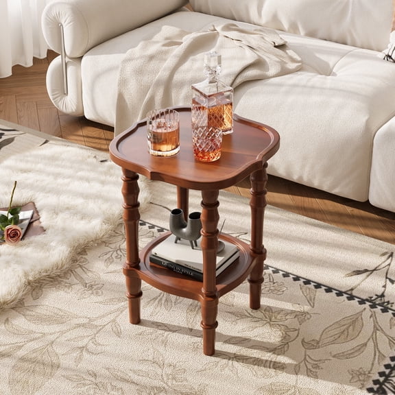 100% Solid Wood Round End Table, 2-Tier Small Side Table with Spindle Legs, Vintage Walnut Nightstand for Living Room Bedroom, Easy Assembly