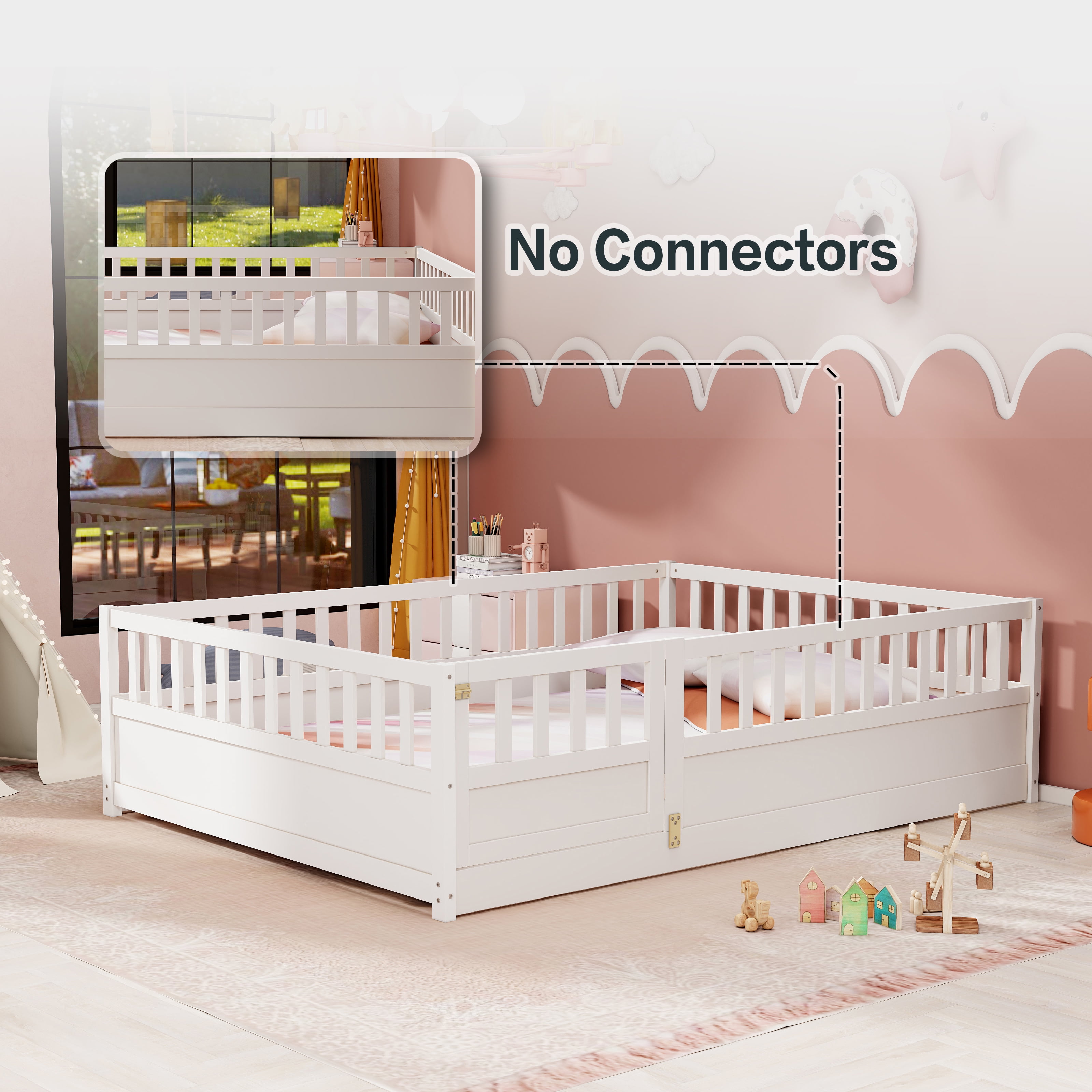 Wood Floor Bed with Fence and Door for Kids, Full, White
