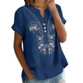 thumbnail image 5 of Embroidered Cotton Linen Shirts Dressy Boho Blouses Boho Casual Tops Short Sleeve Plus Size Boho Gauze Tops Comfy Cotton Linen T-Shirt Floral Embroidered Boho Tops Teacher Loose Tunics Blue Xl, 5 of 9