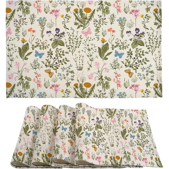 Wildflowers Floral Spring Placemats Set of 4, 12x18 Inch Seasonal Spring Summer Butterfly Non-Slip Heat-Resistant Washable Wipeable Linen Table Mats for Party Kitchen Dining Decoration