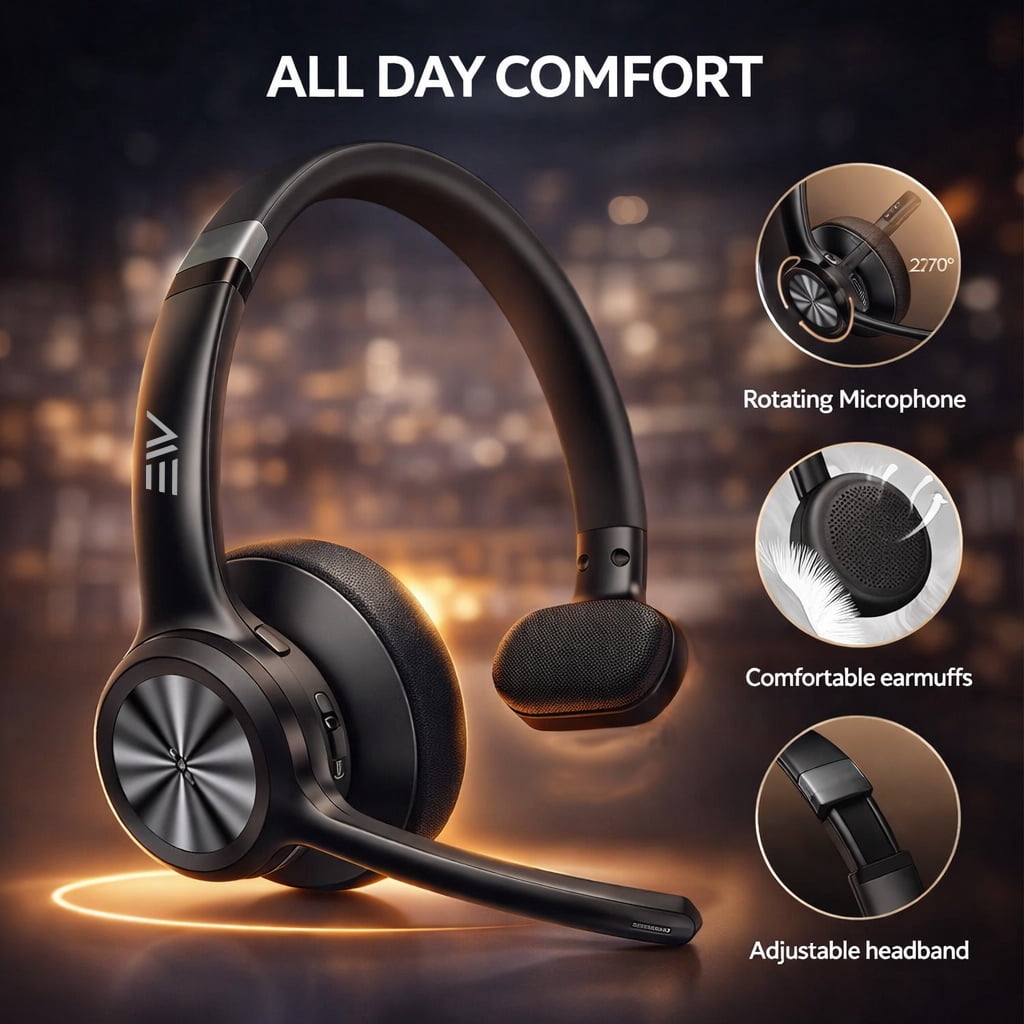 Electronic World Wireless Bluetooth Headset with Mic,Noise Cancelling Trucker & Call Center Headphones,30H Talk Time,Computer Headset for Work,Laptop, Phone & PC (Black)