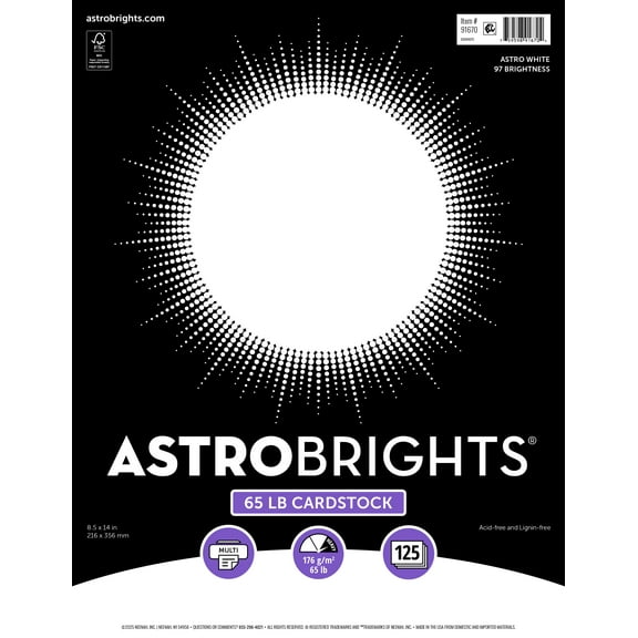 Astrobrights Legal Size Cover Cardstock, 8.5" x 14", 65 lb./176 Gsm, 97 Brightness, Bright White, 125 Sheets